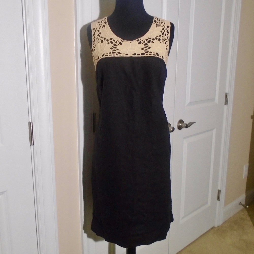 LOFT Crochet Black Linen Shift Dress 8